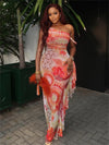 Nibber Beach Vacation Dress Women Colorful Print Sexy Trend See Through Rope Diagonal Collar Patchwork Stretch Party Bodycon