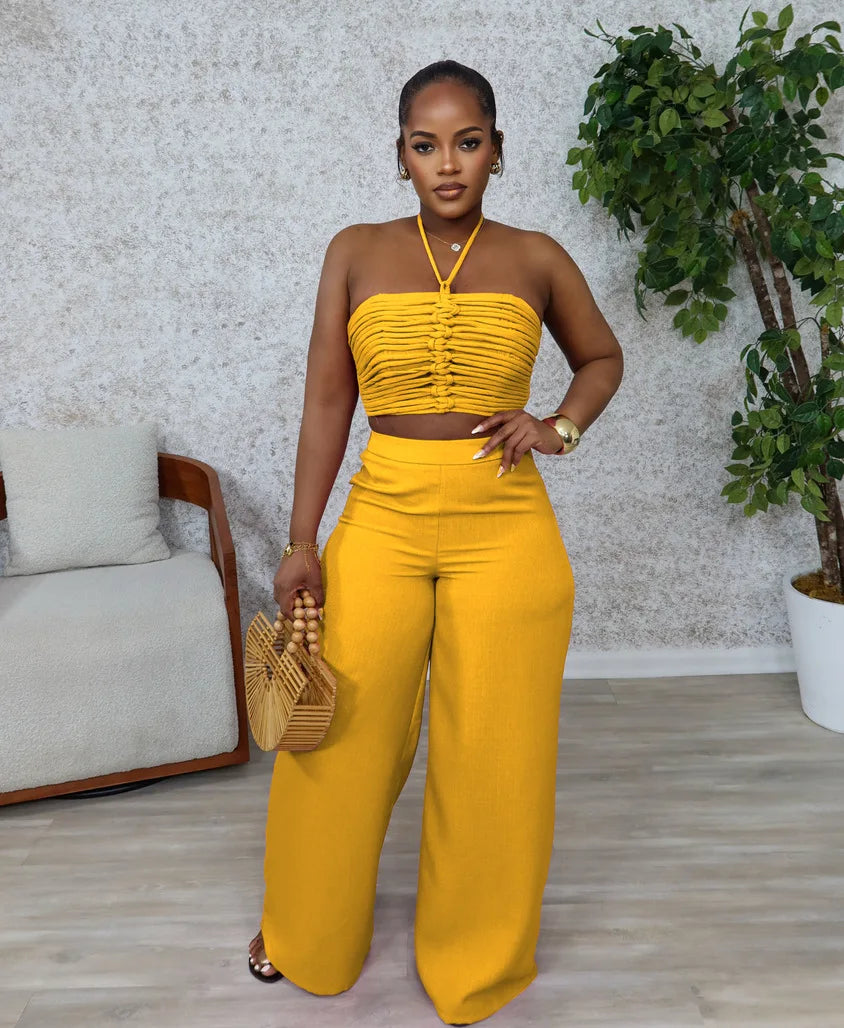 Pant Set Women Two Piece Sets Sexy Sleeveless Tops Drawstring Wide Leg Long Pants High Waist Y2k Streetwear Elegant Splice