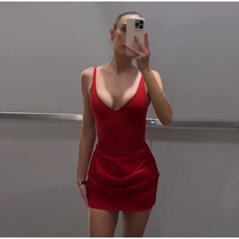 Sexy Pleated Strap Romper Set Women Red Sleeveless Backless U-neck Mini A-line Skirt Female 2025 Fashion Summer Solid Party Suit