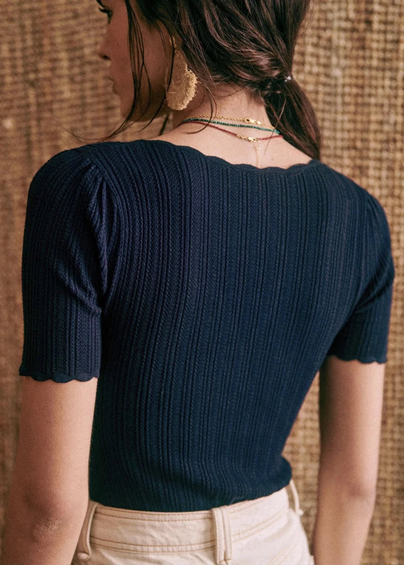Damen V-Ausschnitt gestricktes Häkel-T-Shirt mit