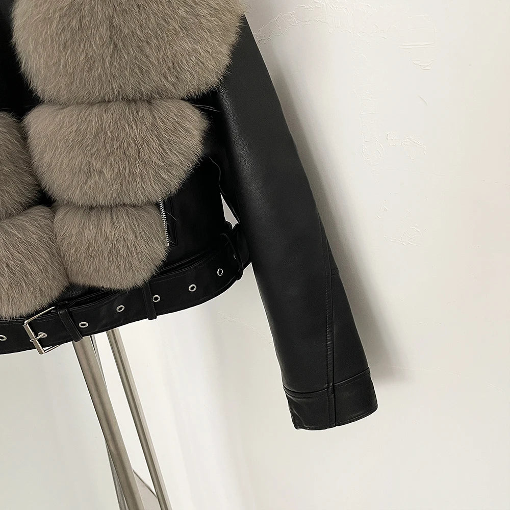 OFTBUY Natural Fox Fur Faux Leather Jacket Female New Autumn Short Top Clothing Women Long Sleeve Fake Leather Real Fur Coat