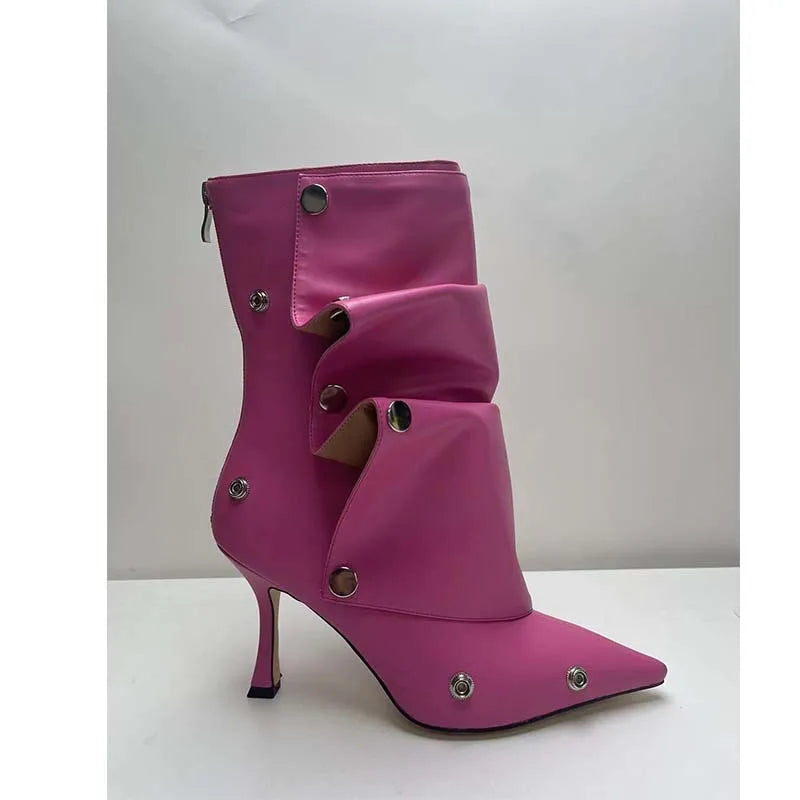 2025 Klassische Damenstiefel mit spitzer Zehe, ausgefallenen Absätzen, Nietenknopf und seitlichem Reißverschluss, einfarbig, hochhackige Schuhe, Botas Altas