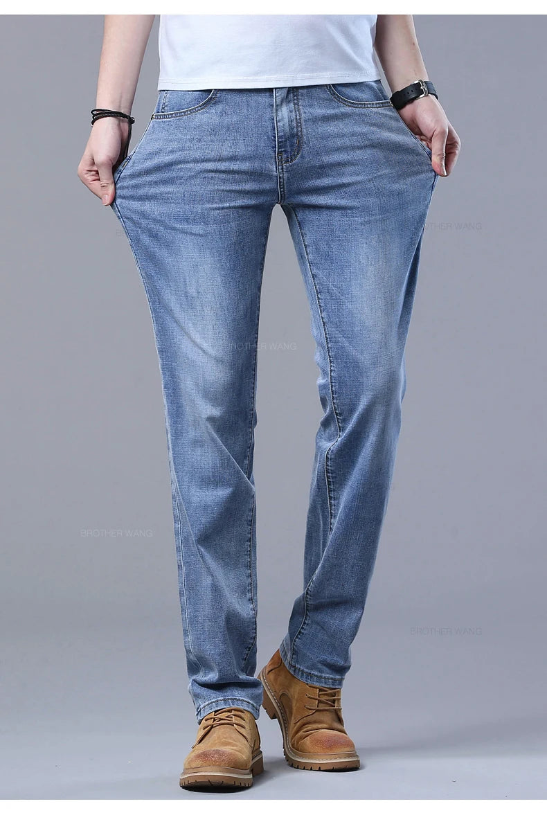 Frühlings Herren Hellblaue Slim Jeans Stylische Lässige Stretch Denim Hose Klassische Chinohose Rauchgrau