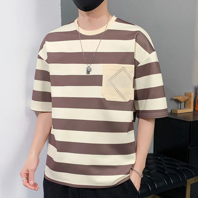 Casual Short Sleeve T Shirt Men'S For 2025 Summer Tshirt Top Tees Striped Brand Fashion HIP HOP Clothes OverSize 3XL T-Shirt