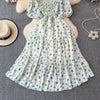 2024 Neues Sommer Blumenmuster Maxikleid Damen Vintage Eckiger Ausschnitt Geraffte Brust Schärpe Bandage Sommerkleid Partykleid