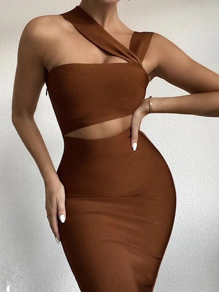Damen Sommer sexy ausgehöhltes braunes Midi knielanges Bodycon-Bandagekleid 2023 Designer elegantes Abendpartykleid Vestido