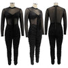Sexy Mesh Patchwork Jumpsuits for Women Elegant Long Sleeve Bandage One Piece Party Long Bodysuit