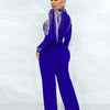 Women Jumpsuit Solid High Collar Hot Drill Mesh Shoulder Cotton Long Sleeves Long Straight Jumpsuit Sexy Party Outfits