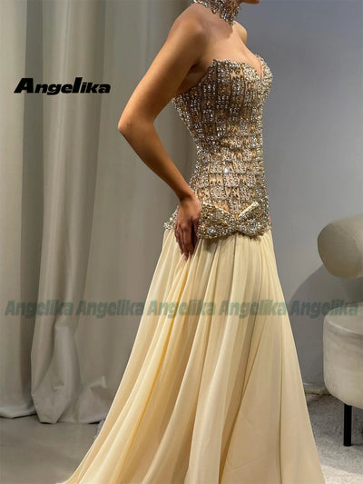 Angelika Exquisite A-line Evening Dresses for Women Rhinestones Pleated Bow Graduation Party Gowns Vestido de Gala Customized