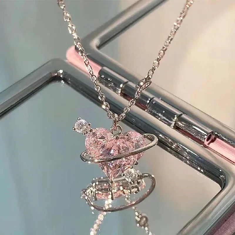 Y2K Rosa Planet Herz Zirkon Anhänger Halsketten Frauen Mode Ästhetische Schlüsselbeinkette Halskette Valentinstag Geschenk Party Schmuck