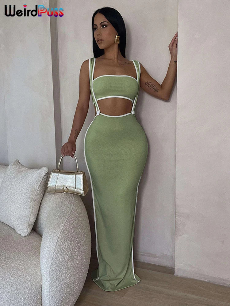 Weird Puss Summer Trend 2-teiliges Set Damen Weißer Saum Trägerloses Oberteil + Trägerkleid Elastische Streetwear-Outfits