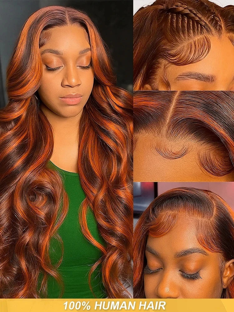 100% Human Hair 4/350 Highlight Ombre Body Wave 13x6 Lace Front Wig Ginger Orange Brown Colored Water Wave 13x4 Lace Frontal Wig