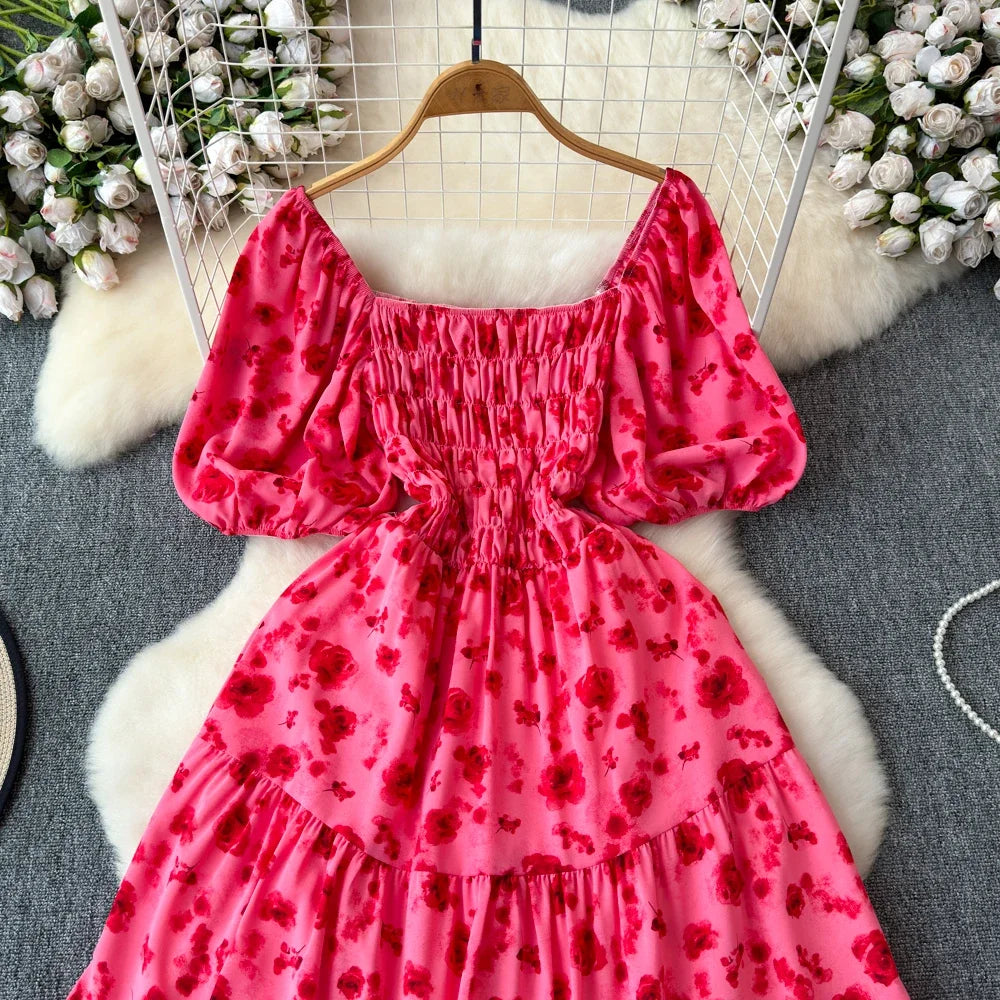 2024 Neues Sommer Blumenmuster Maxikleid Damen Vintage Eckiger Ausschnitt Geraffte Brust Schärpe Bandage Sommerkleid Partykleid