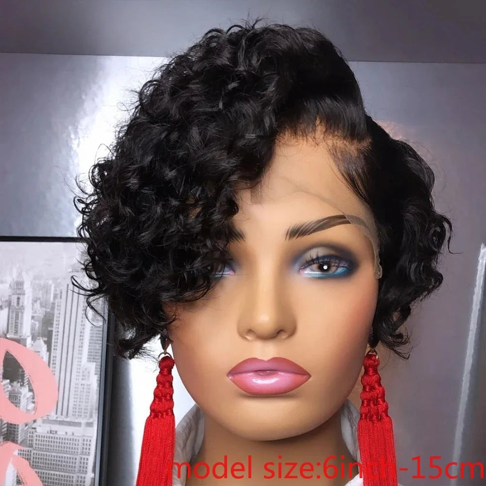kurze lockige 13×1 T-Part transparente Spitze 6 Zoll Naturhaar Echthaar-Perücken für Frauen 150% Dichte Pixie Cut Perücke