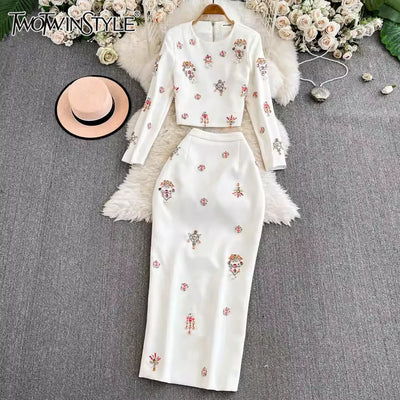 TWOTWINSTYLE Luxury Style Two Piece Set For Women O Neck Long Sleeve Topa High Waist Skinny A Line Skirt Set Female KSE524945