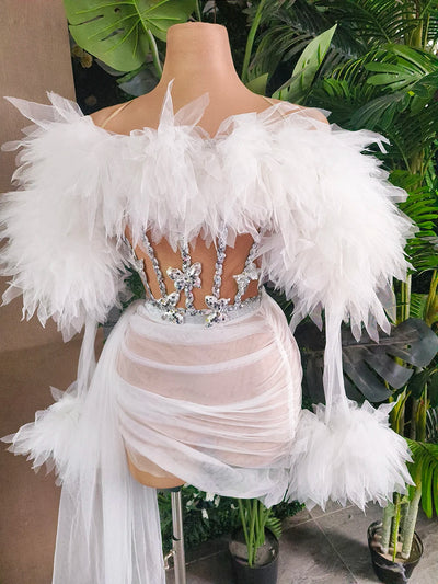 Weiß Lila Damen Sexy Trägerlos Mesh Rüschen 2-Teiler Bodycon Minikleid Durchsichtig Feiern Nachtclub Party Geburtstagskleid