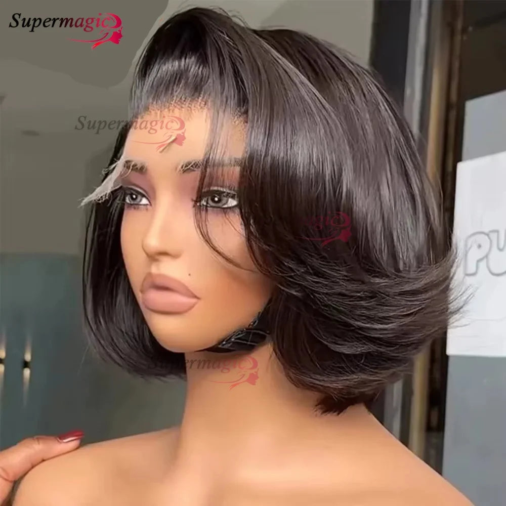 Ombre Chotolate brown Straight Bob 13x4 Lace Closure Human hair Wigs 100% Vietnamese Hair Wear and Go Glueless Layered Cut Wig