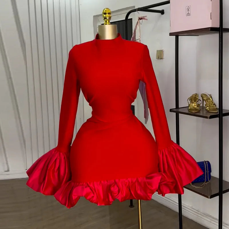 CM.YAYA Women O-neck Long Flare Sleeve Ruffles Mini Dress 2025 Spring Sweet Sexy Birthday Evening Night Party Vestidos Dresses