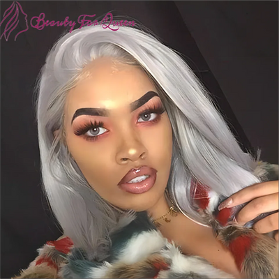 Gerade kurze Bob-Perücken, silbergrau gefärbt, für Frauen, klebefreie brasilianische Remy Lace Front Perücke, 180% Dichte, Echthaar