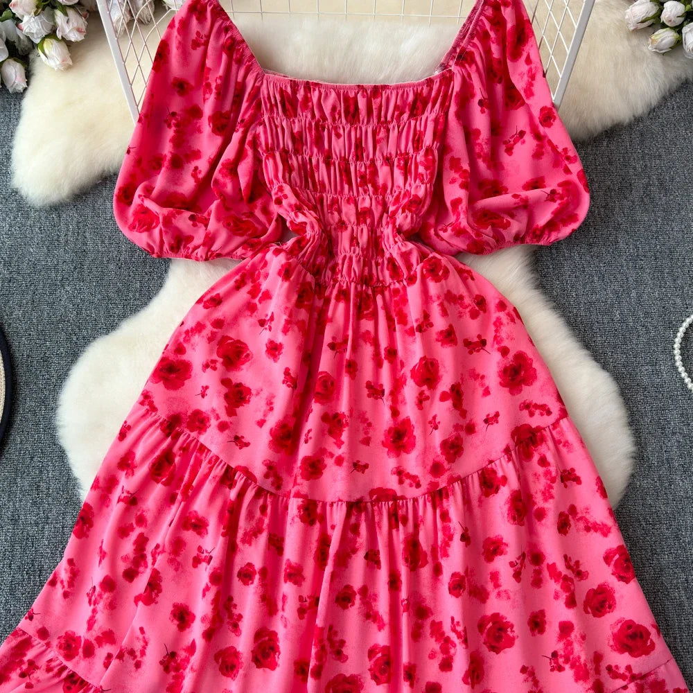 2024 Neues Sommer Blumenmuster Maxikleid Damen Vintage Eckiger Ausschnitt Geraffte Brust Schärpe Bandage Sommerkleid Partykleid