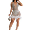 Elegant Luxury Sequins See Through Feather Mini Dress Celebrity Halter Backless Women‘s Sexy Birthday Party Nightclub Vestidos