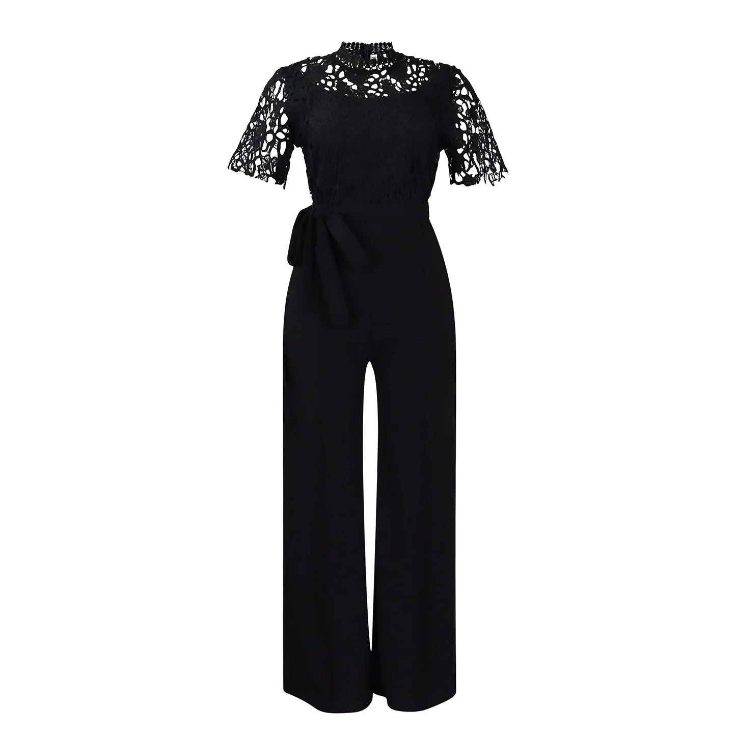Elegante Jumpsuits & Rompers für Damen Rundhals Spitze Patchwork Kurzarm Gürtel Hohe Taille Luxus Geburtstagsparty Abend Outfit