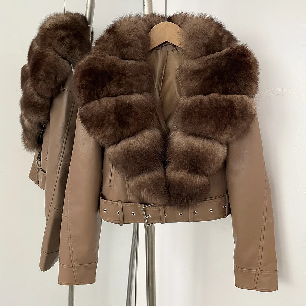 OFTBUY Natural Fox Fur Faux Leather Jacket Female New Autumn Short Top Clothing Women Long Sleeve Fake Leather Real Fur Coat