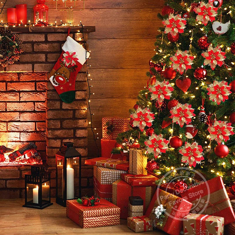 3/10Stück 14cm Weihnachtsblumen Glitzer Rot Gold Blütenkopf Weihnachtsbaumschmuck Neujahrsdekorationen für Zuhause Navidad Noel Geschenke