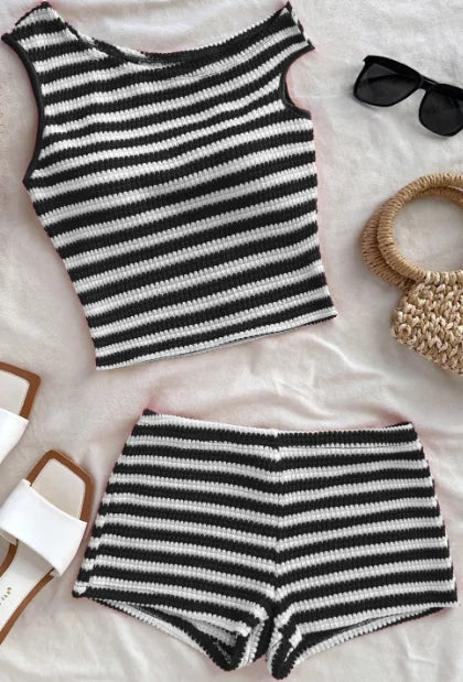 European and American striped vest shorts set, summer knitted hot pants top two-piece set