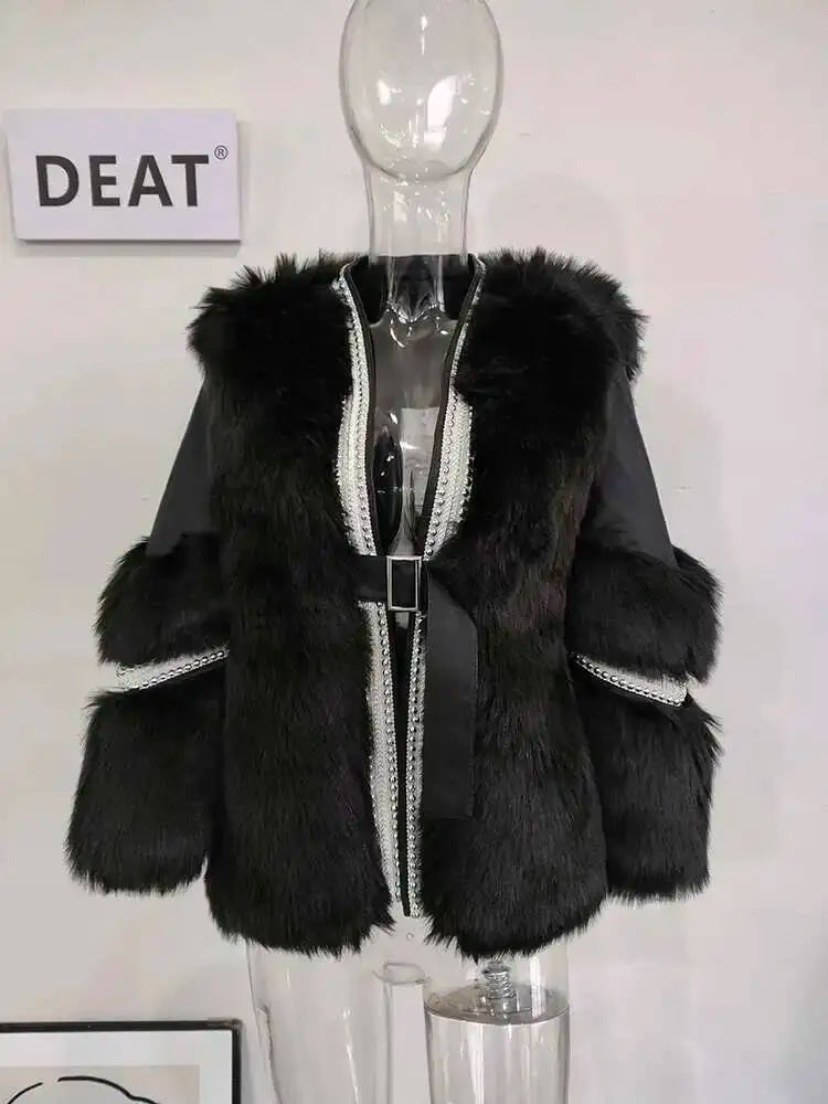 DEAT Fashion Temperament Thickened Fur Coat Cardigan Women Top-Quality Leather Patchwork Long Sleeve Jacket 2024 Winter 11SX023