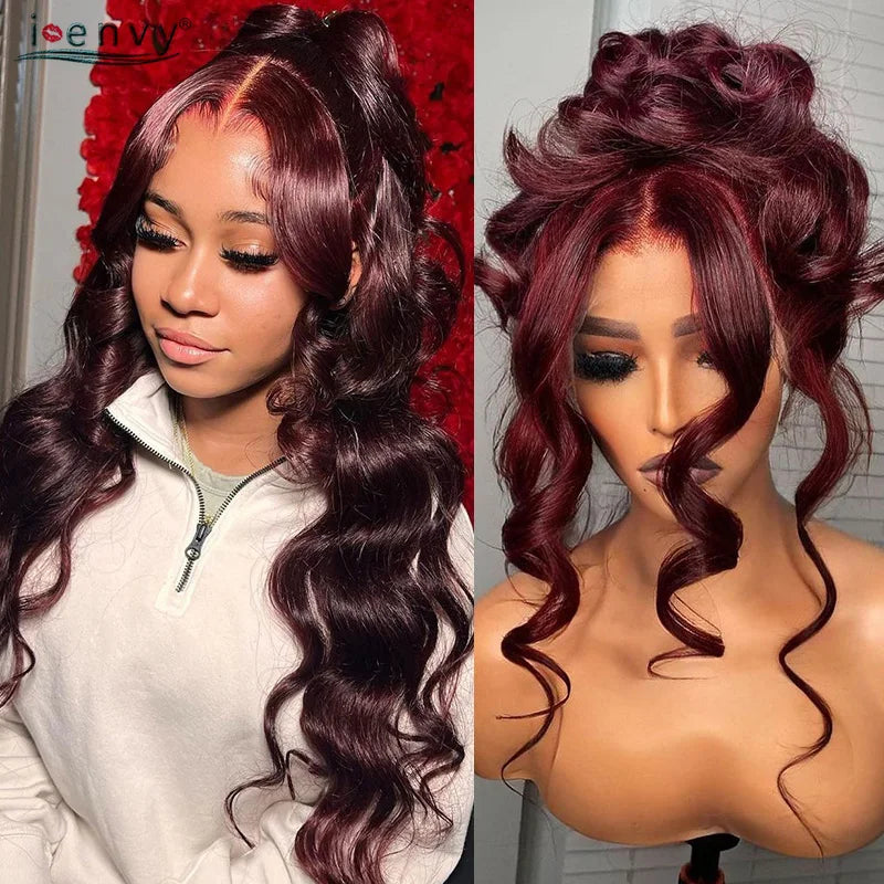 13X4 HD Transparente Lace Front Perücken Burgunderrote Echthaarperücken Vorgezupft 30 Zoll Body Wave Lace Front Perücken für Frauen Gelockt