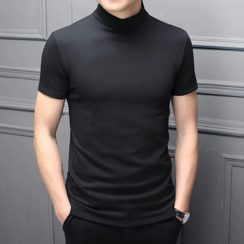 2022 Trend Summer Men Half high Collar Mercerized Cotton Short Sleeve Slim Body T-Shirt Men Solid Color Modale High Collar
