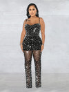 HBLL Women Club Outfits Spaghetti Strap Bodycon Jumpsuits Sparkly Rhinestone Romper Birthday Night Out One Piece Clubwear