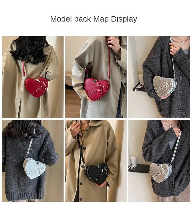 Vintage Y2K Kleine Kettennieten-Umhängetasche Herzförmige Geldbörse Handtasche Rotes PU-Leder Gothic Tote Bag Mode Frauen Umhängetasche