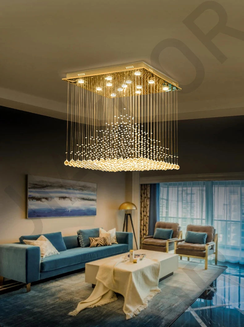 Kronleuchter K9 Kristall Pendelkugel Quadratischer Kronleuchter Beleuchtungskörper Regentropfen Vorhang Glas Kronleuchter LED-Licht