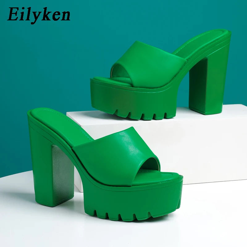 Eilyken Sommer-Fashion Damen Pantoletten Bankett Nachtclub Plateau Chunky High Heels Mules Slides Grüne Weiße Sandalen