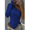 2025 Spice Girls Sexy Pailletten-Top, One-Shoulder, eng anliegend, mit Strasssteinen, einfarbig, Silber, einteilig, Mode, Party, Nachtclub, Sommer-Top