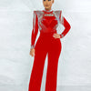 Women Jumpsuit Solid High Collar Hot Drill Mesh Shoulder Cotton Long Sleeves Long Straight Jumpsuit Sexy Party Outfits