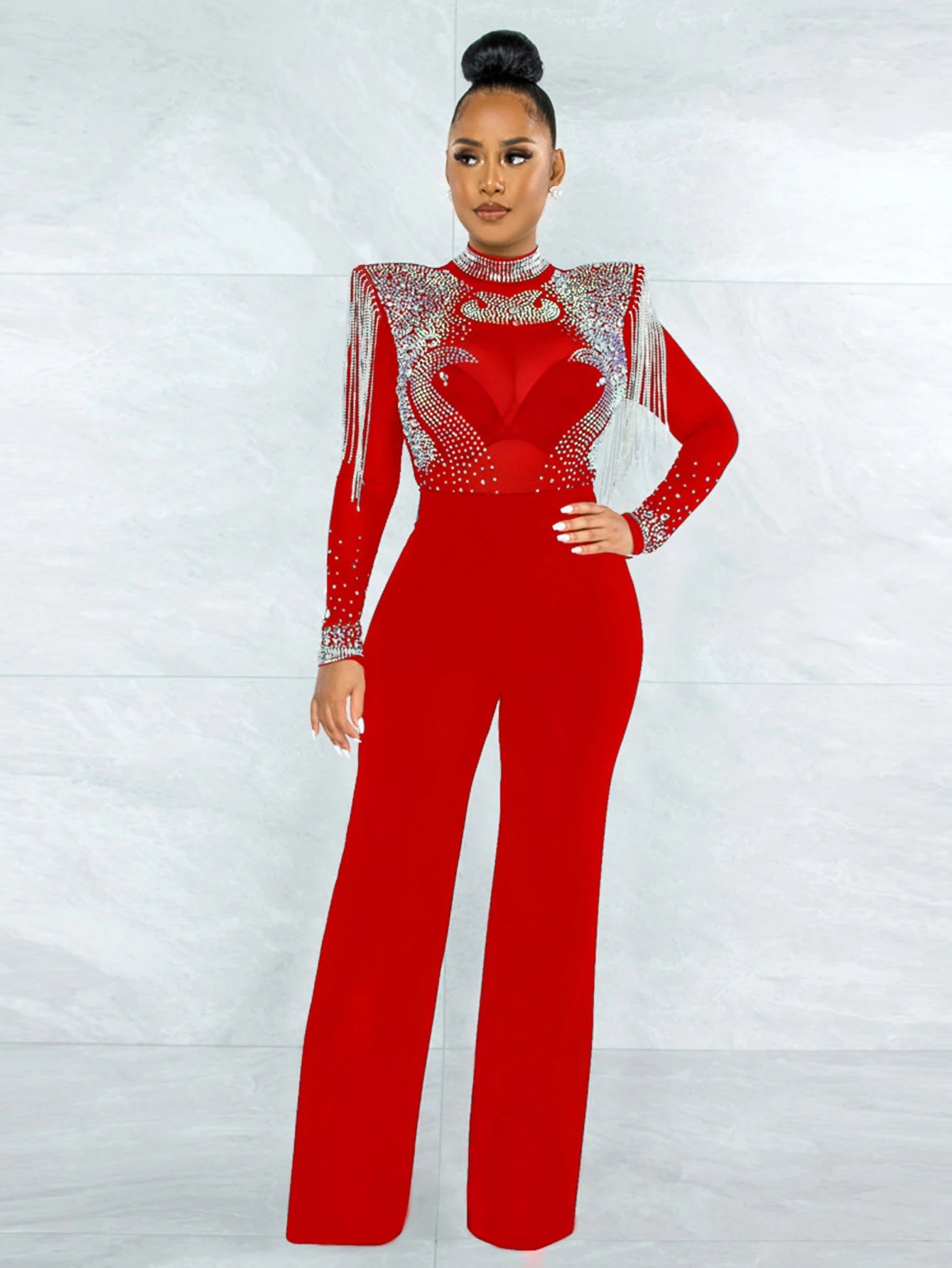 Women Jumpsuit Solid High Collar Hot Drill Mesh Shoulder Cotton Long Sleeves Long Straight Jumpsuit Sexy Party Outfits
