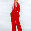 Women Jumpsuit Solid High Collar Hot Drill Mesh Shoulder Cotton Long Sleeves Long Straight Jumpsuit Sexy Party Outfits