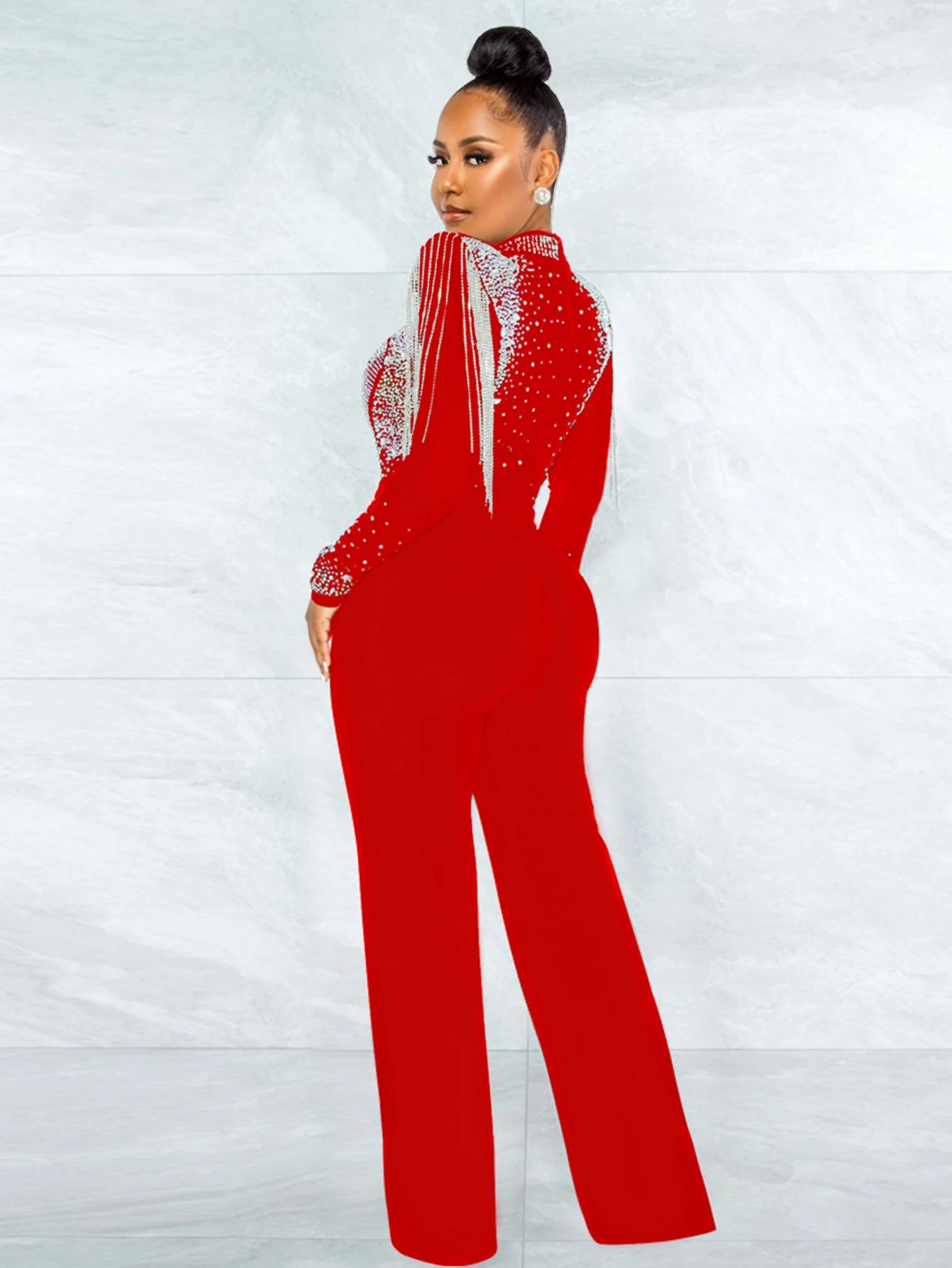 Women Jumpsuit Solid High Collar Hot Drill Mesh Shoulder Cotton Long Sleeves Long Straight Jumpsuit Sexy Party Outfits