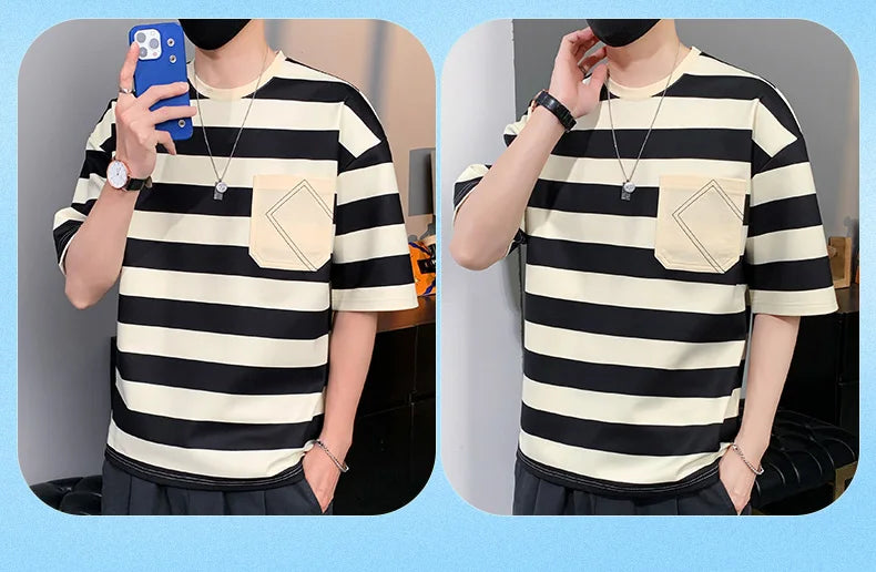 Casual Short Sleeve T Shirt Men'S For 2025 Summer Tshirt Top Tees Striped Brand Fashion HIP HOP Clothes OverSize 3XL T-Shirt