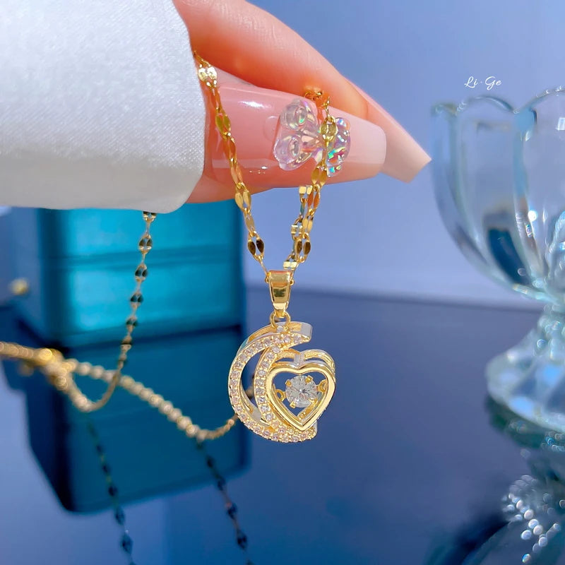Stainless Steel Zircon Planet Star Pendant Necklace For Women Elegant Aesthetic Clavicle Chain Necklace Jewelry Party Gift