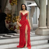 Exquisite Sexy Red Beading Tassel V Neck Side Slit Prom Dress Glittering Sequins Crystal Luxury Prom Wedding Party Gowns