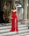 Exquisite Sexy Red Beading Tassel V Neck Side Slit Prom Dress Glittering Sequins Crystal Luxury Prom Wedding Party Gowns