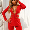 Modphy Red Sexy V-neck Long Sleeve Jacket+High Waist Flare Pants Blazer Set Women'S 2025 New Hollow Out Designer Two-Piece Set