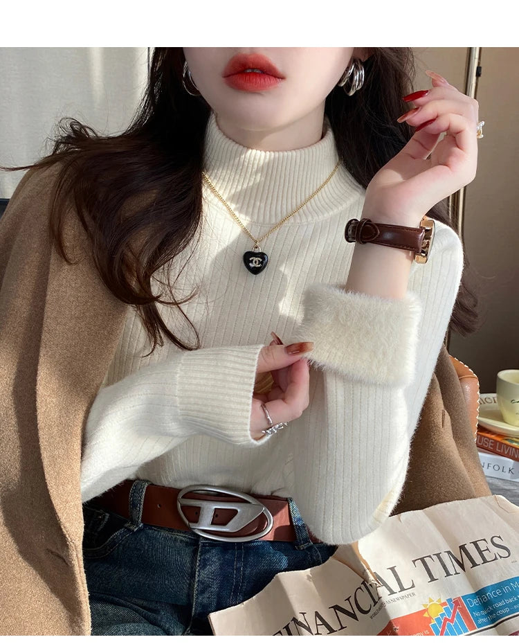 Damen Rollkragenpullover Winter 2025 Retro Rot mit Samtfutter Verdickter Innerer Thermostrickboden