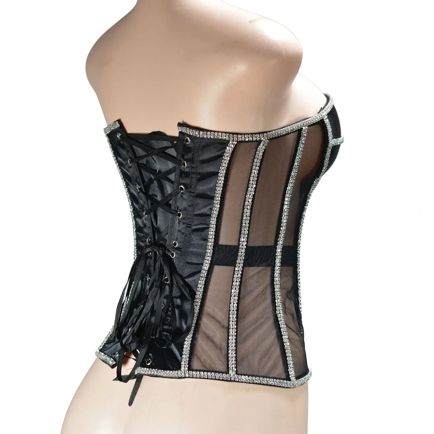 Women Abdomen Corset Crops with Bra Shiny Rhinestone Transparent Breathable Mesh Hand Made Bodices Push Up Bustiers Custom Made