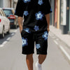 Fashion Men's Black and White Flower Graphic Print T-shirt Shorts 2-piece Set O-neck Short Sleeve Top Elastic Waist Shorts Set