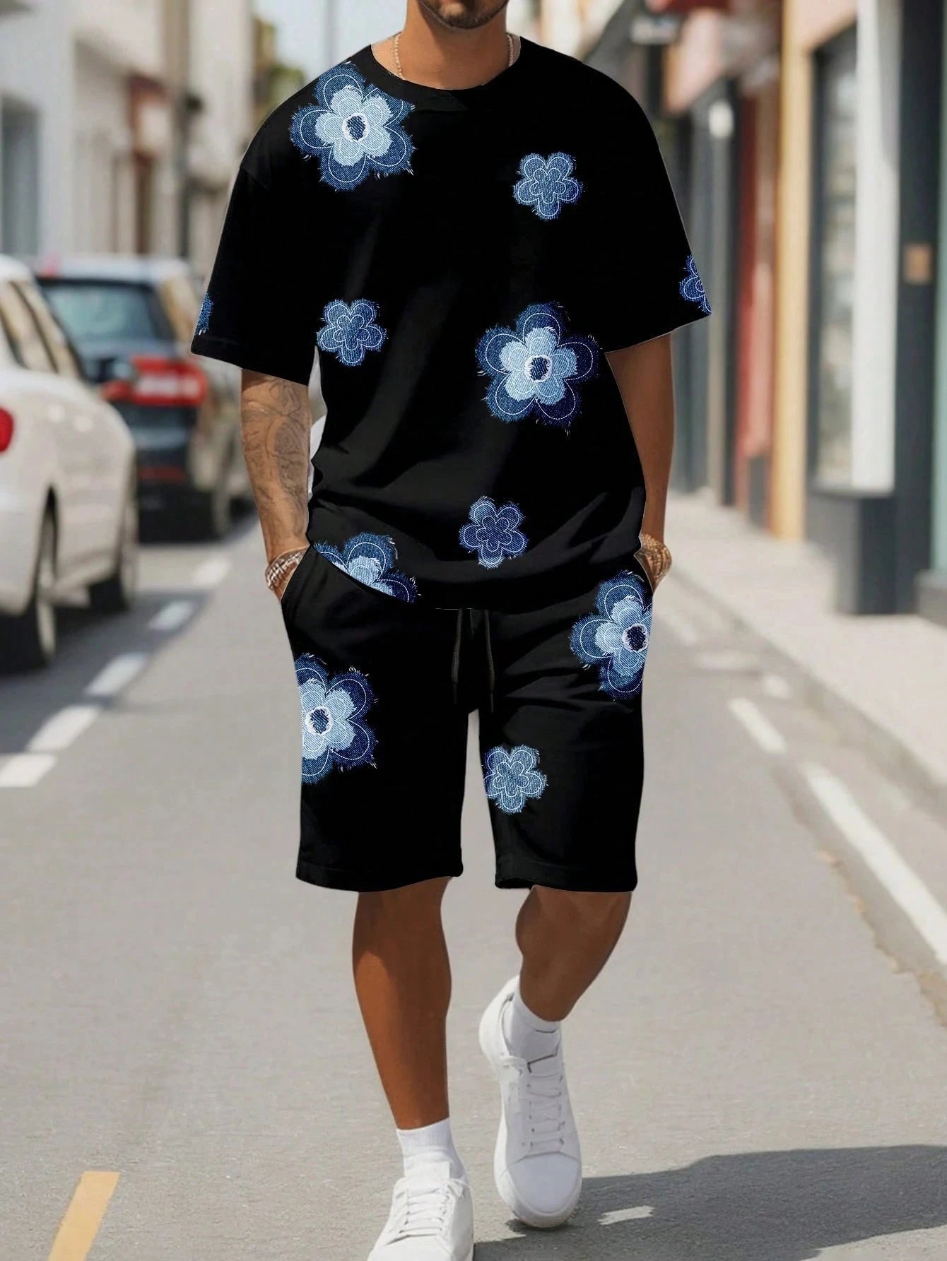 Fashion Men's Black and White Flower Graphic Print T-shirt Shorts 2-piece Set O-neck Short Sleeve Top Elastic Waist Shorts Set
